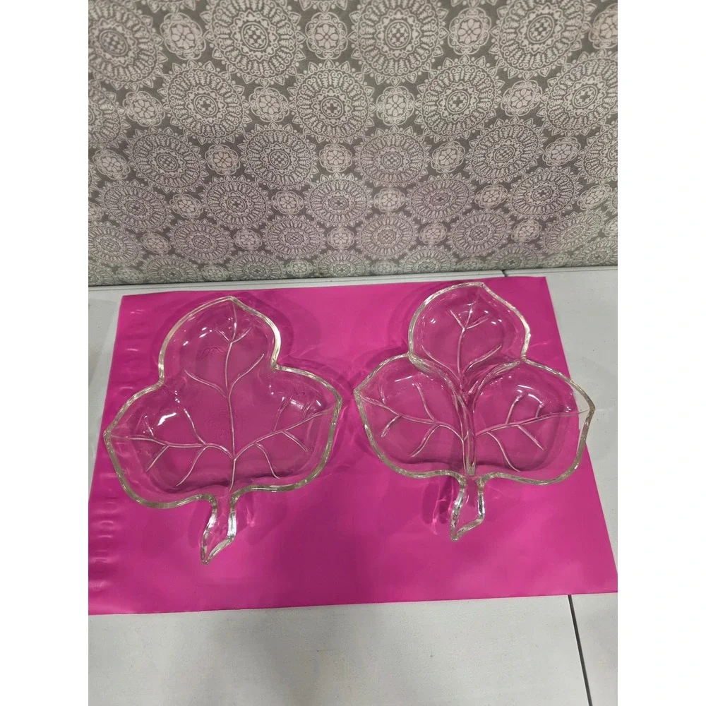 Clear Glass Maple Leaf Shaped Candy‎ Nut Dish 1-Divided Serving Tray Set Holiday